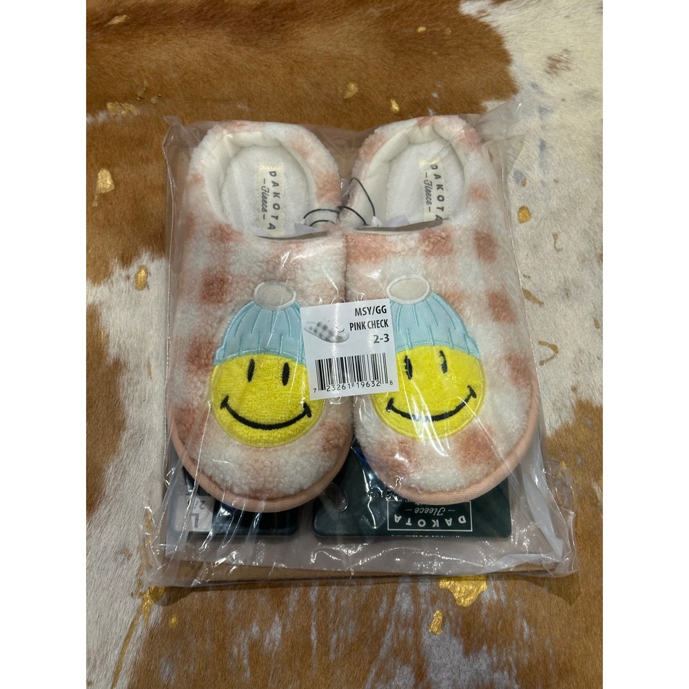 Dakota Fleece Kids Smiley Face Slippers Pink Checkered Beanie Mule Size‎ 2-3 NEW